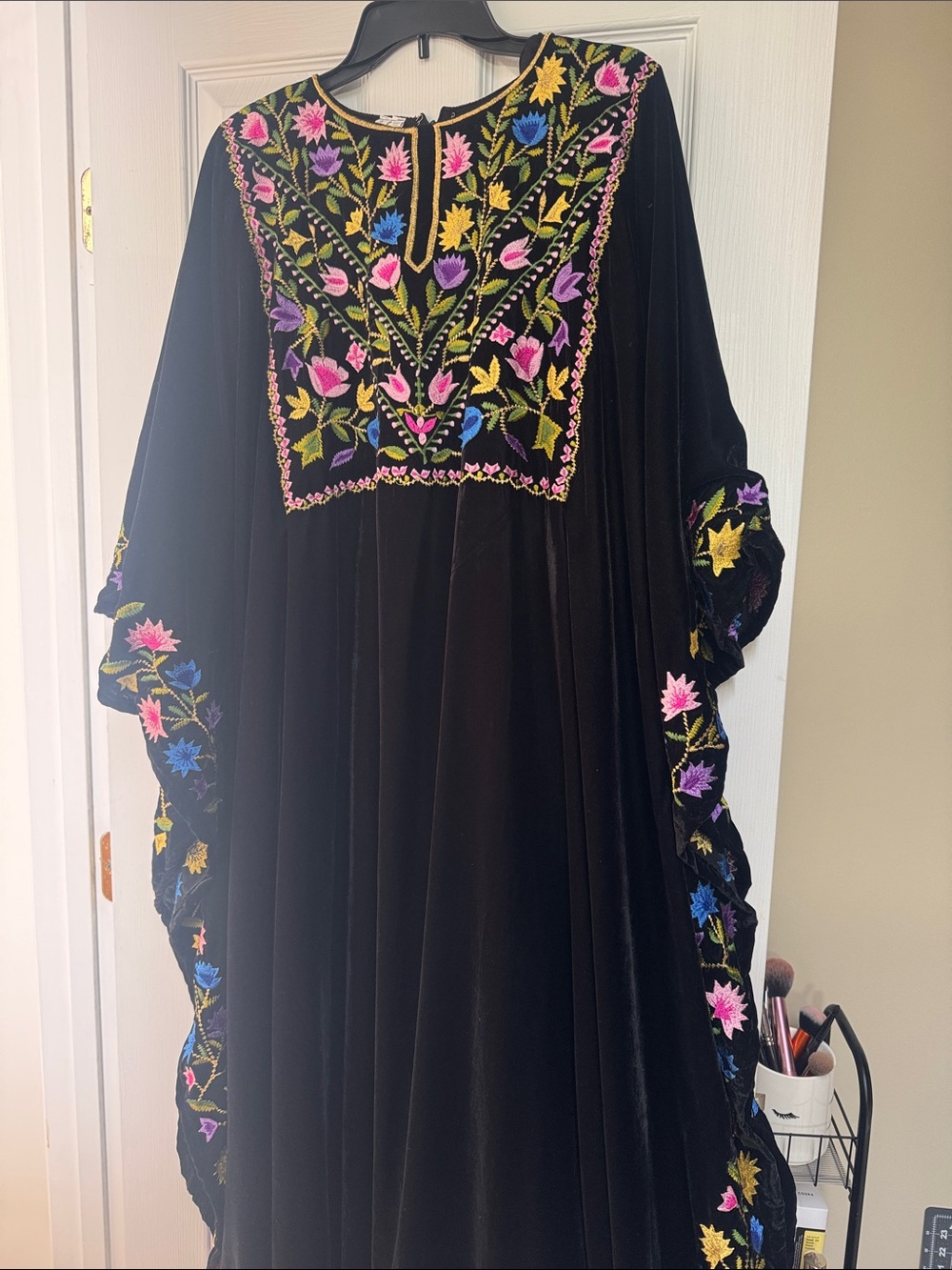 Black Velvet Embroidered Kaftan with Multicolor Floral Detail
